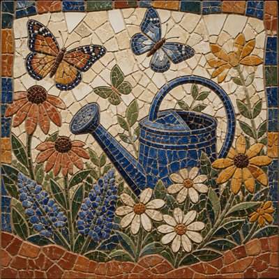 a garden scene with butterflies, flowers and a watering can, clean uncolored line art, no text
