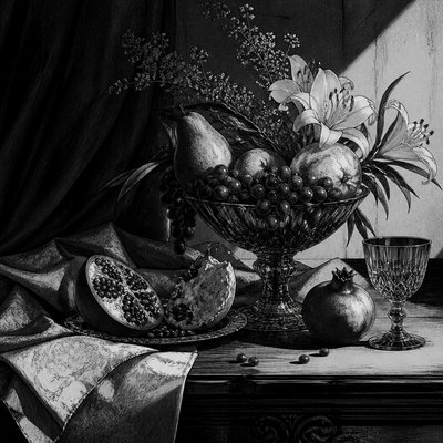 still life arrangement of fruits and flowers