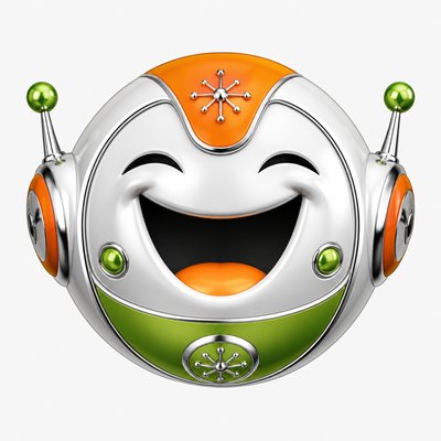 an exaggerated laughing face of an original round mascot character, bold and readable at small size, plain background, no text