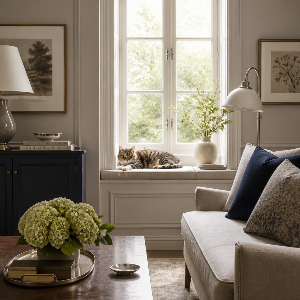 a cat lounging in a sunlit window — Transitional Interior Design