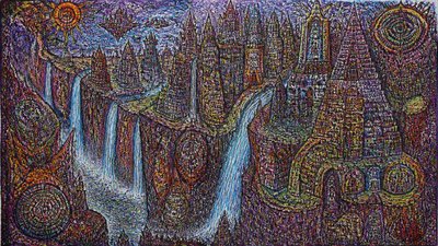 a cliffside city with waterfalls cascading into a misty canyon, wide establishing shot, no people, no text