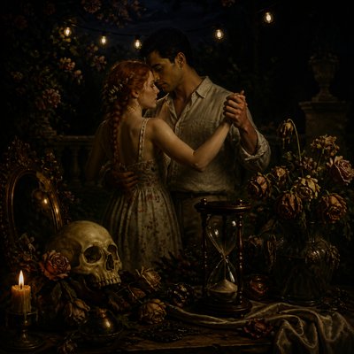 an original couple dancing under string lights in a garden at dusk: a man with short black hair in a linen shirt and a woman with braided red hair in a summer dress
