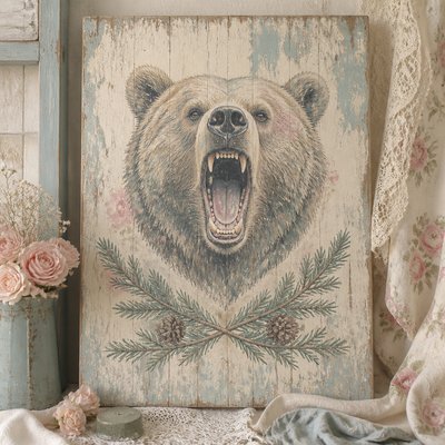 a roaring bear head above crossed pine branches, bold graphic composition on a plain background, no text