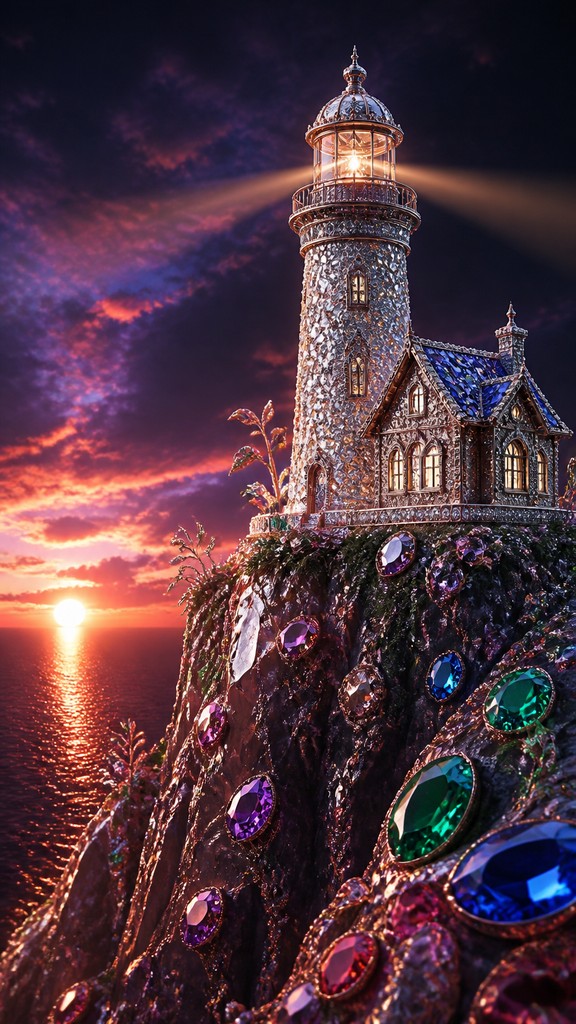 a lone lighthouse on a cliff at dusk under a dramatic sky, no text or lettering