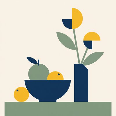 still life arrangement of fruits and flowers