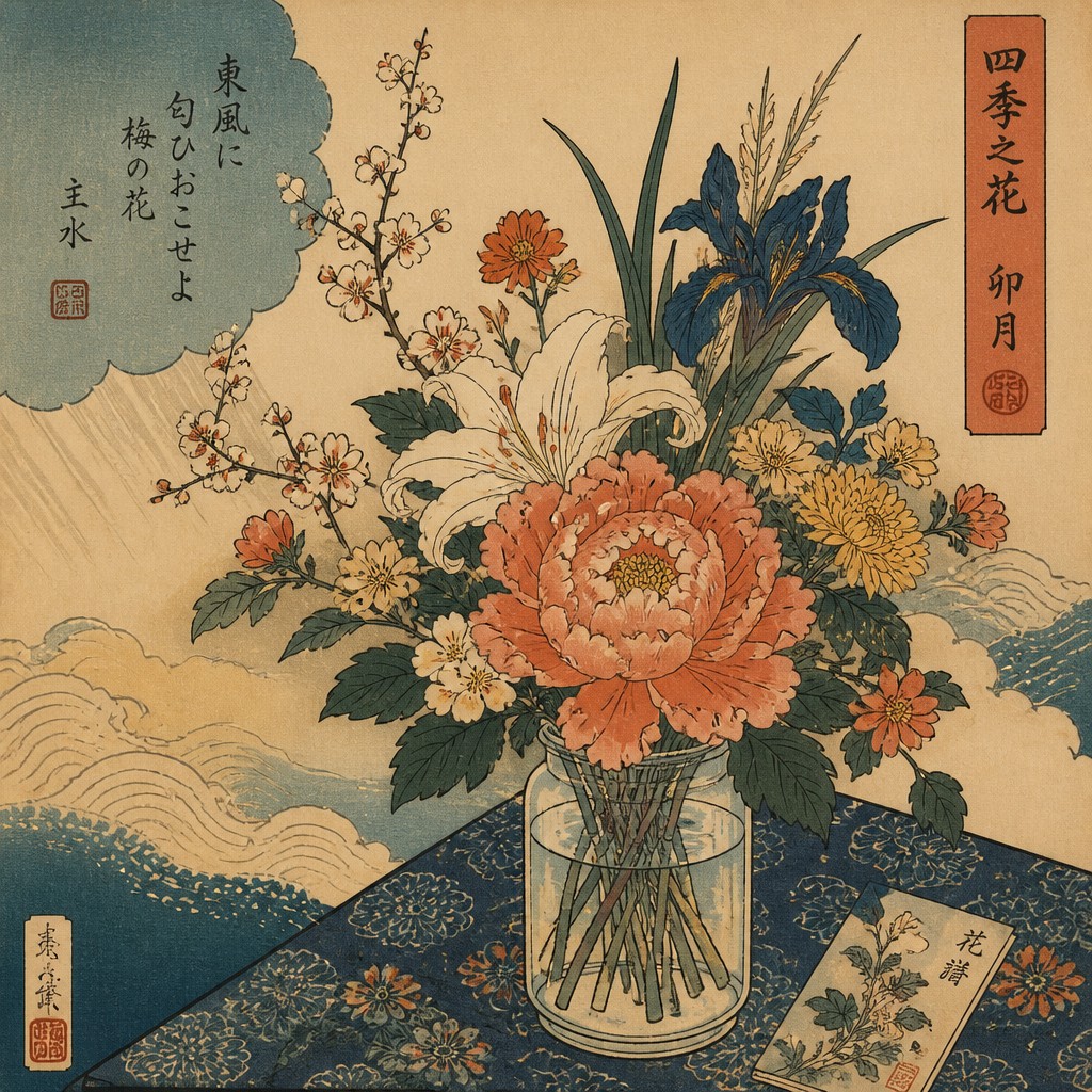 bouquet of flowers in a glass vase — Ukiyo-e Art Style