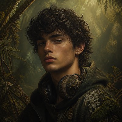 head-and-shoulders portrait of an original character: a young man with curly dark hair and headphones around his neck, plain backdrop, no text