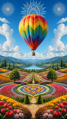 a hot air balloon drifting over rolling flower fields on a sunny day, cheerful, no text