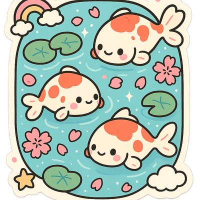 A koi pond seen from above, orange and white koi fish swimming among lily pads, clear water with subtle ripples, fallen cherry blossom petals floating on the surface, dappled sunlight