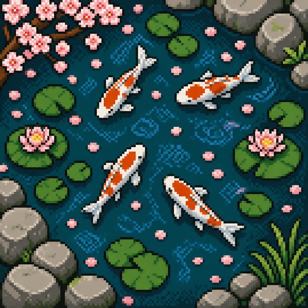 A koi pond seen from above, orange and white koi fish swimming among lily pads, clear water with subtle ripples, fallen cherry blossom petals floating on the surface, dappled sunlight