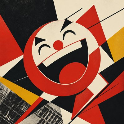 an exaggerated laughing face of an original round mascot character, bold and readable at small size, plain background, no text