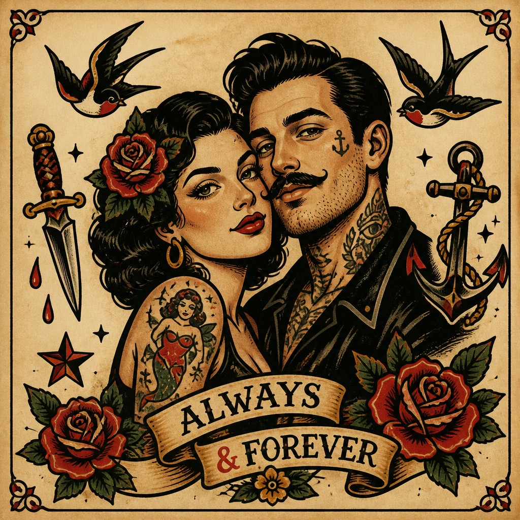portrait of two people together — Tattoo Flash Art Style