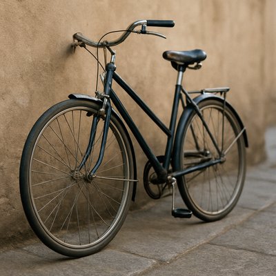 bicyle resting against a wall
