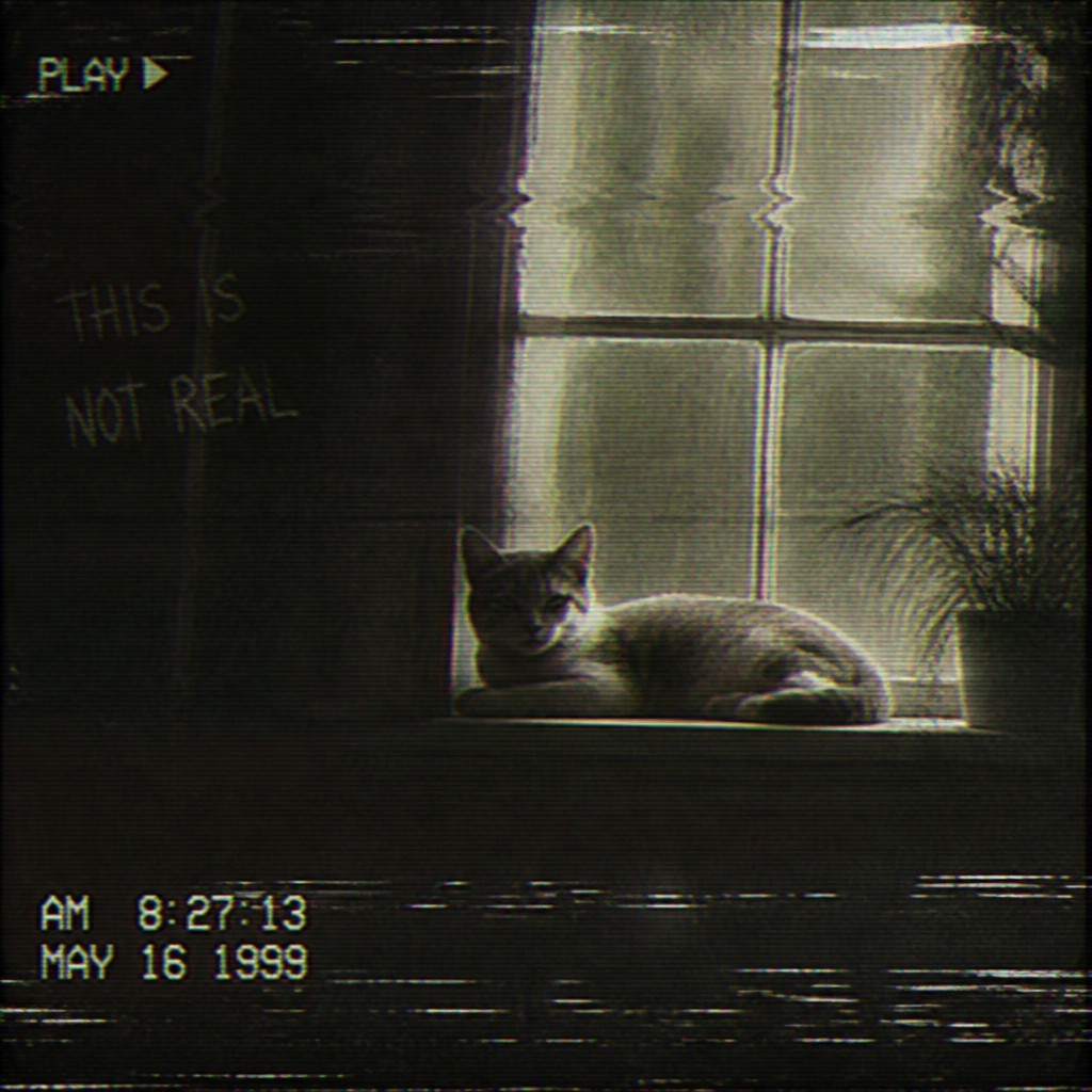 a cat lounging in a sunlit window — Analog Horror Aesthetic