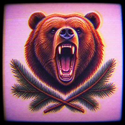 a roaring bear head above crossed pine branches, bold graphic composition on a plain background, no text