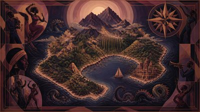a map of an island realm with mountains, forests, a sheltered bay, sea monsters in the water and a compass rose, no text labels