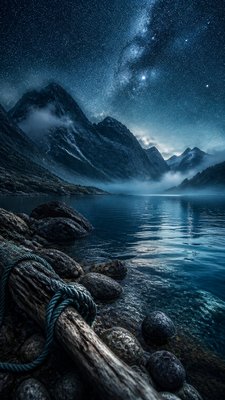 a tranquil mountain lake beneath a starry night sky, no people, no text