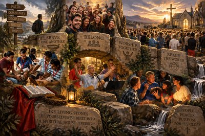 a painting of a group of people gathered around a shrine