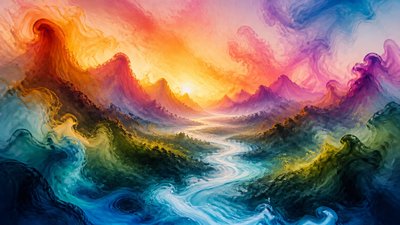 a vast valley with a river winding toward distant mountains at sunrise, no people, no text