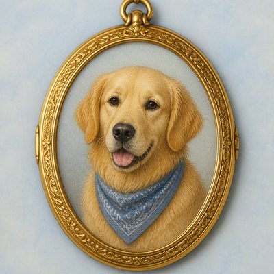 portrait of a golden retriever wearing a blue bandana, warm plain backdrop, no text