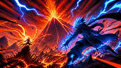 an erupting volcano with lightning strikes, dramatic wide composition, no text