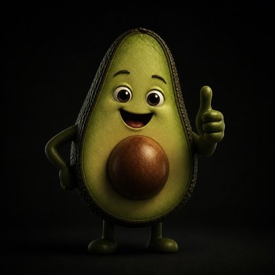 a happy avocado character giving a thumbs up, bold readable design on a plain background, no text