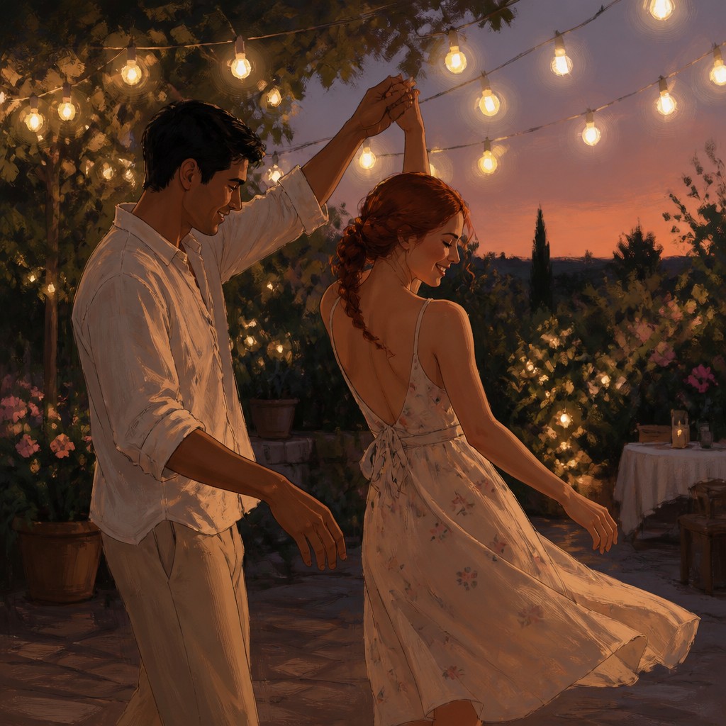 an original couple dancing under string lights in a garden at dusk: a man with short black hair in a linen shirt and a woman with braided red hair in a summer dress