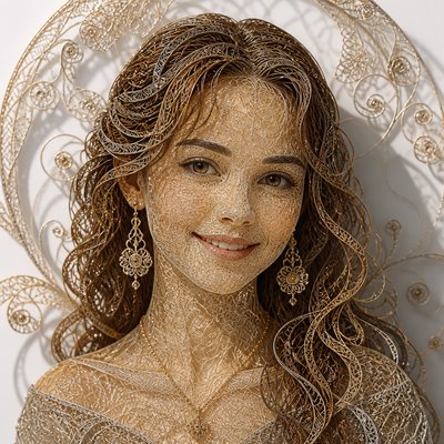 head-and-shoulders portrait of an original character: a young woman with wavy chestnut hair and a warm smile, plain soft backdrop