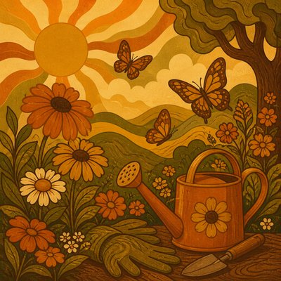 a garden scene with butterflies, flowers and a watering can, clean uncolored line art, no text