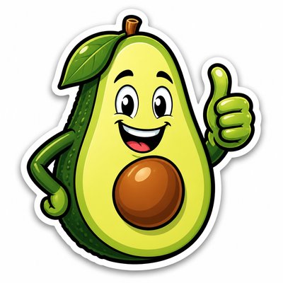 a happy avocado character giving a thumbs up, bold readable design on a plain background, no text