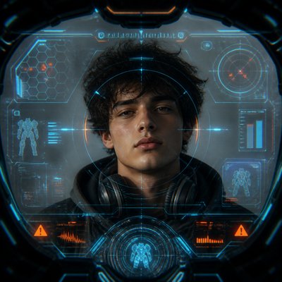 head-and-shoulders portrait of an original character: a young man with curly dark hair and headphones around his neck, plain backdrop, no text