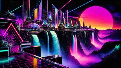a cliffside city with waterfalls cascading into a misty canyon, wide establishing shot, no people, no text