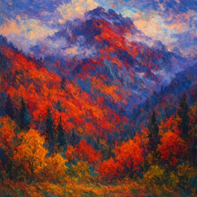 A breathtaking and intensely dramatic cinematic landscape photograph based on the provided image of a mountain valley. The scene captures a majestic mountainside vibrant with dramatized autumn foliage, showcasing an explosion of rich, saturated reds, fiery oranges, and brilliant golds across the slopes. Interspersed among the deciduous trees are towering dark green evergreens, providing a striking contrast against the warm fall colors.

Wisps of ethereal mist or low-hanging clouds cling to the upper reaches and valleys of the mountain, adding depth and a sense of mystique. The sky above, partially visible, shows patches of dramatic, cloud-dappled blue peeking through, hinting at a powerful natural setting. The foreground features a mix of vibrant green and gold trees, framing the grand scale of the mountain.

The image uses vibrant color grading and dramatic contrast to enhance the luminosity and intensity of the fall colors, making them truly pop. The lighting is rich and moody, highlighting textures on the rocky cliffs and the varied foliage. The overall mood is one of awe-inspiring natural beauty, epic scale, and profound autumnal splendor, rendered with the high visual impact of a cinematic scene."