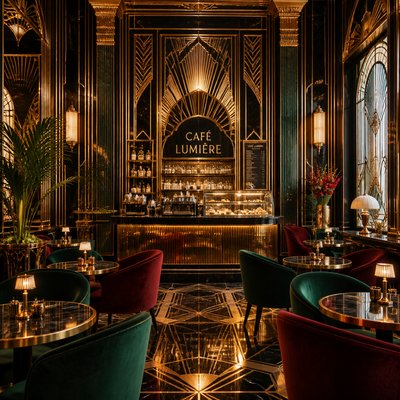 cozy cafe interior with warm lighting
