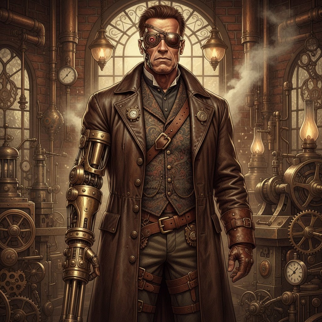 "A dramatic, full-body portrait of Arnold Schwarzenegger as a Steampunk Terminator, standing powerfully in a richly detailed Victorian-era workshop. Arnold's iconic Terminator face is visible, with a glowing red eye, partially obscured by an intricate, metallic eyepatch and visible cybernetic components around his neck and face. He wears a heavy, dark brown leather duster coat over a tailored waistcoat and trousers, all adorned with brass buckles, gears, and leather straps. His left arm is a formidable steampunk prosthetic, crafted from polished brass, copper, and exposed gears, ending in a massive, Gatling-gun-like weapon integrated into the forearm. His right hand wears a finely detailed leather glove with metallic accents. The background of the workshop is filled with vintage machinery, pressure gauges, steam pipes, exposed brick walls, and the soft glow of gas lamps. Smoke or steam gently drifts through the air, adding to the atmospheric industrial setting. The overall aesthetic is gritty, sophisticated, and perfectly blends the sci-fi elements of the Terminator with the intricate mechanical beauty of steampunk