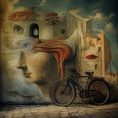 bicyle resting against a wall — Surrealism Art Style