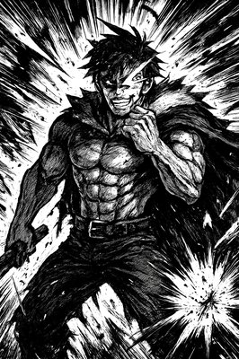 a black and white drawing of a man holding a sword