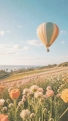 a hot air balloon drifting over rolling flower fields on a sunny day, cheerful, no text