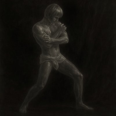 a black and white drawing of a man with his arms crossed