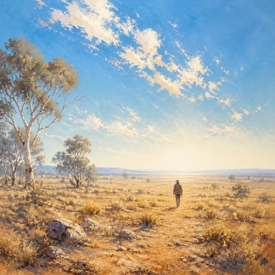 a solitary figure walking toward a glowing horizon across an empty plain, moody atmosphere, no text or lettering