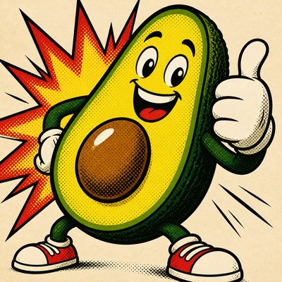 a happy avocado character giving a thumbs up, bold readable design on a plain background, no text