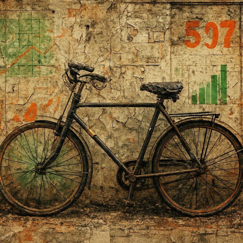 bicyle resting against a wall