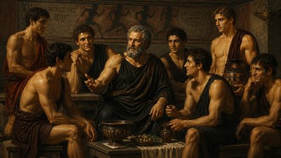 ancient greek gymnasium trainer with his athletes
