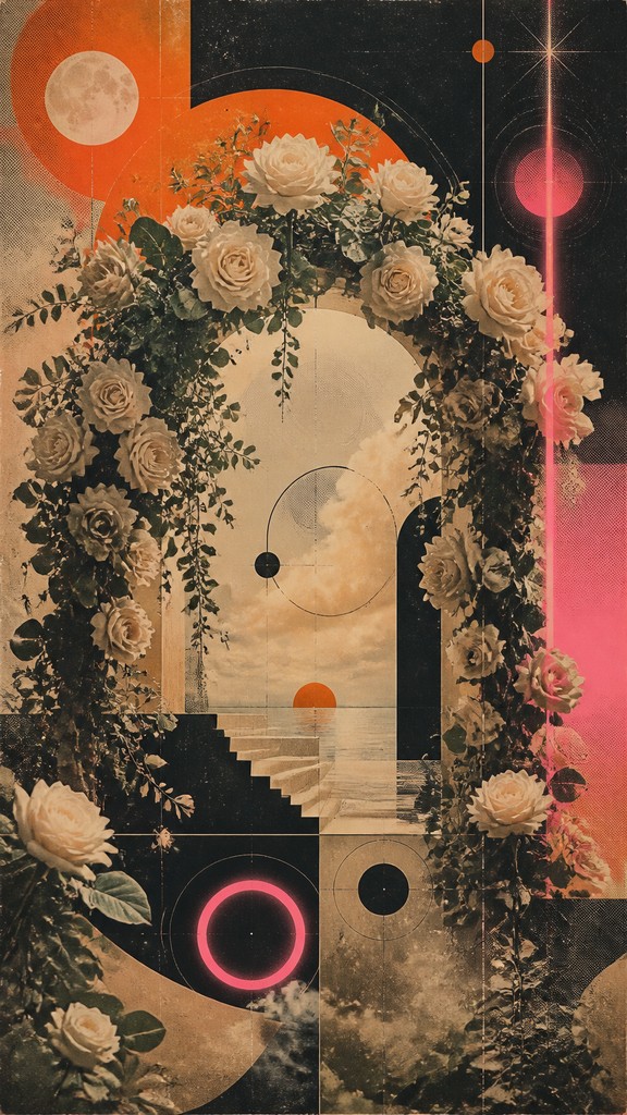an arch of white roses and eucalyptus in soft morning light, elegant vertical composition with open space, no text