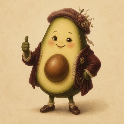 a happy avocado character giving a thumbs up, bold readable design on a plain background, no text