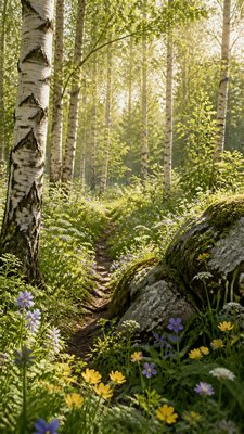 a serene birch forest in soft morning light, no people, no text