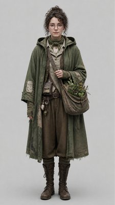 full-body original character: a wandering botanist with a satchel of plants, a patched green cloak, tall boots and round glasses, neutral background