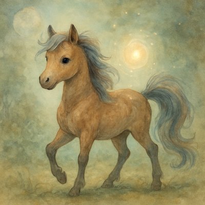 whimsical little horse, intricate details, watercolor-dream mood, gentle movement in the mane and tail, expressive eyes, cinematic depth and color