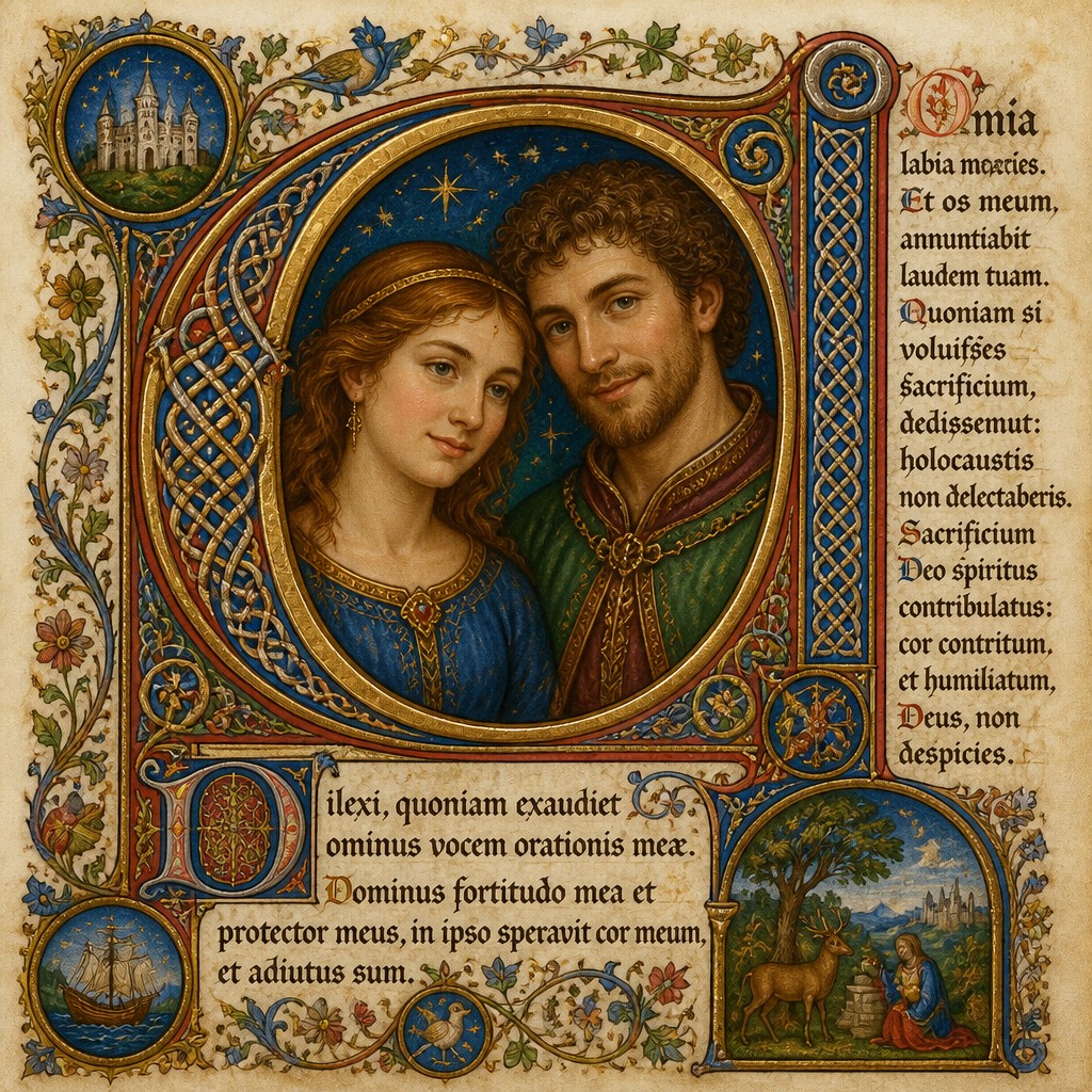 portrait of two people together — Illuminated Manuscript Art Style