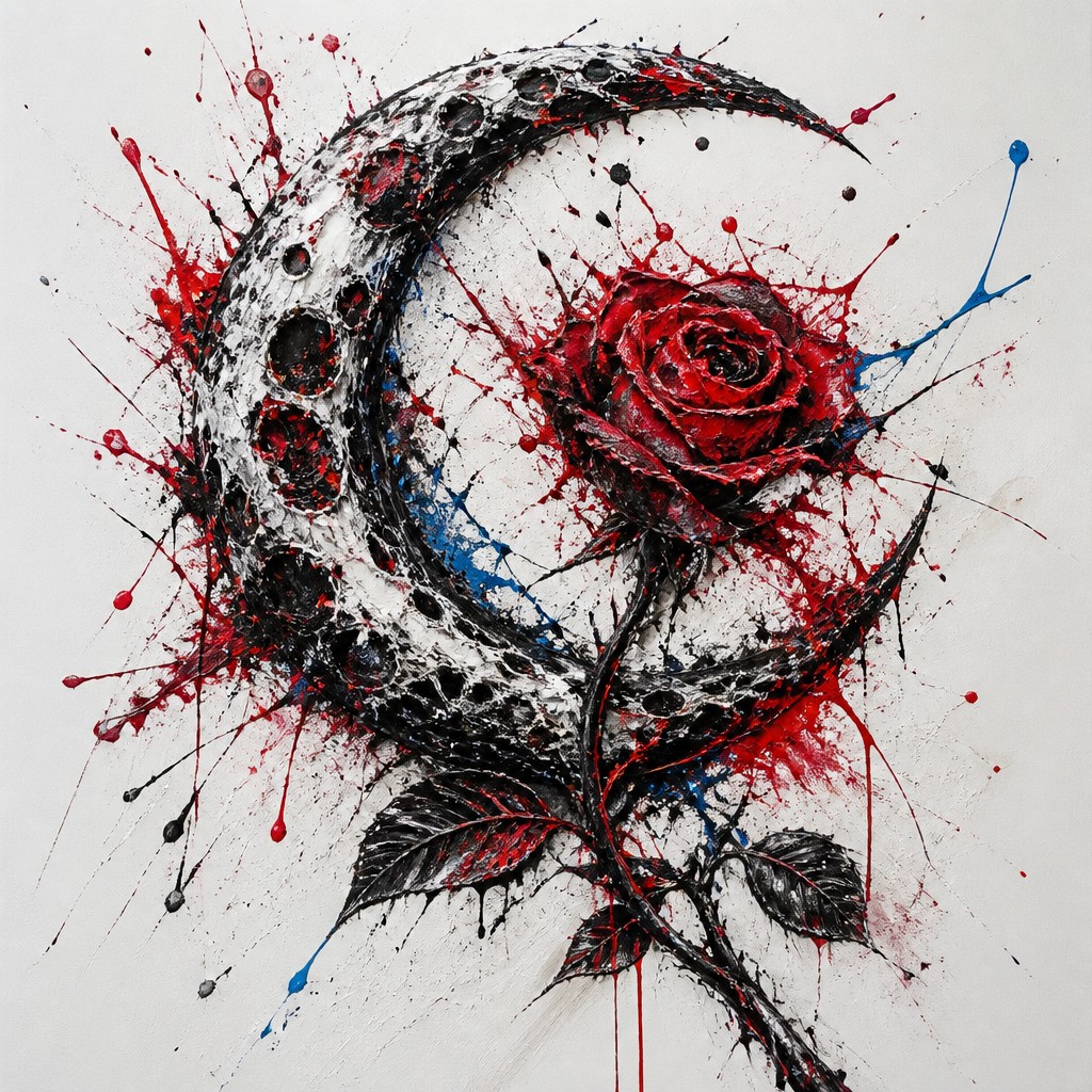 a rose entwined with a crescent moon, clean balanced composition on a plain background, no text
